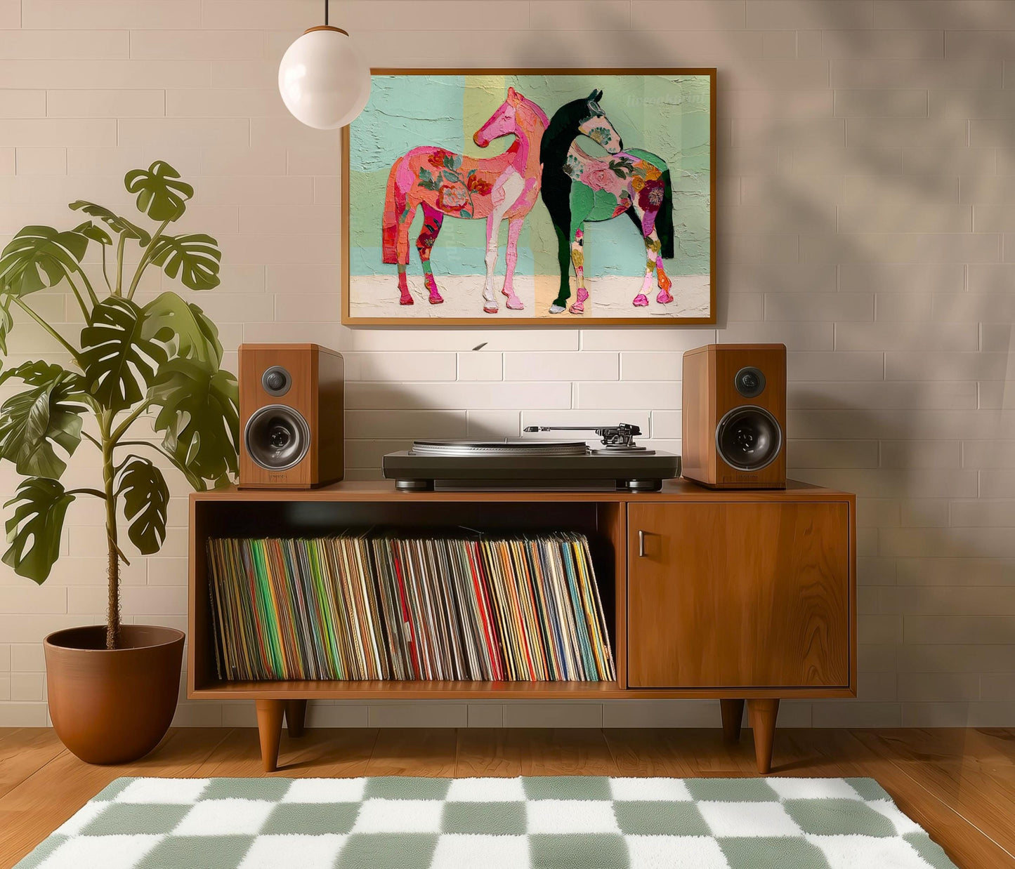 Horizontal Horse Print – Mid Century Horses Pink Green Floral Folk Art Wall Decor