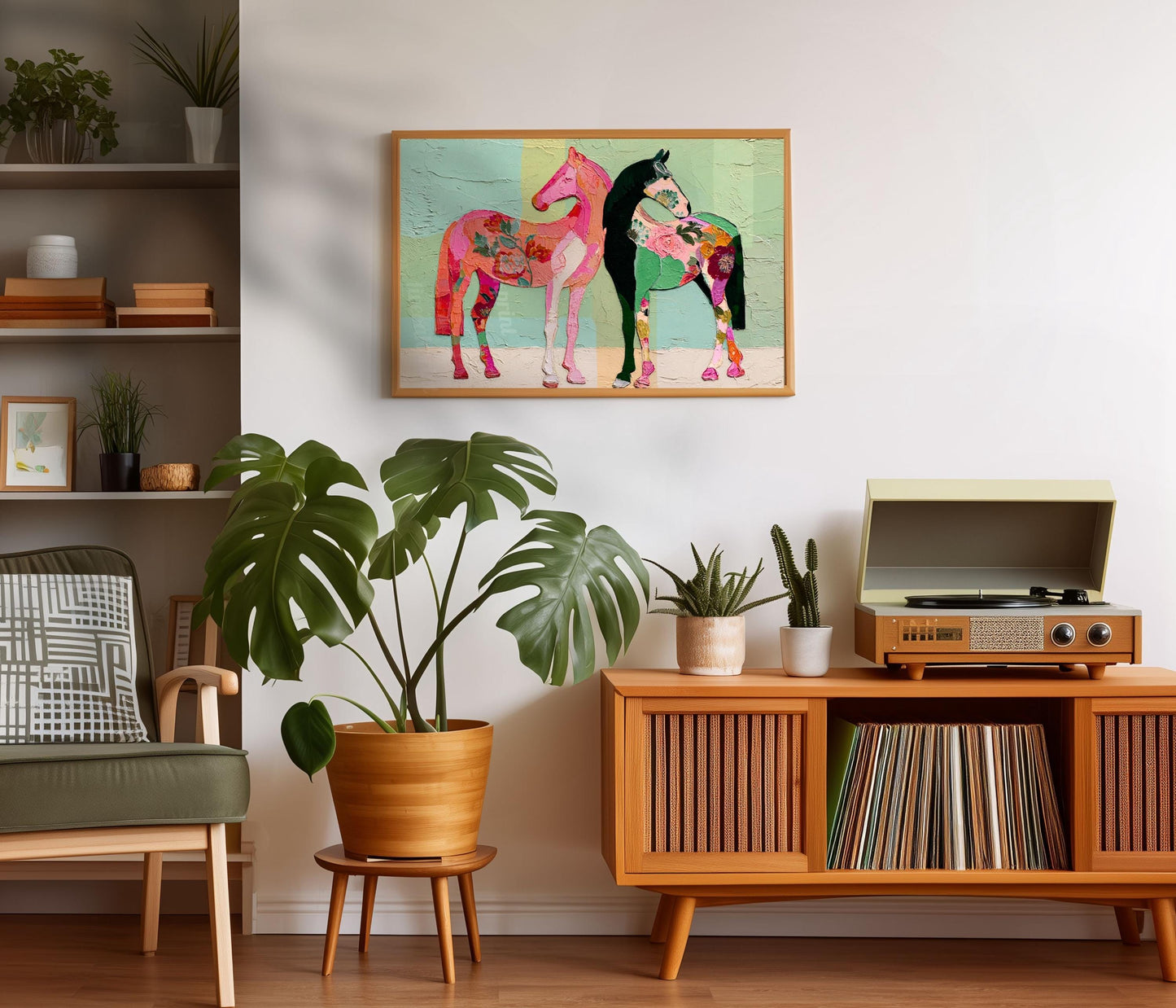 Horizontal Horse Print – Mid Century Horses Pink Green Floral Folk Art Wall Decor