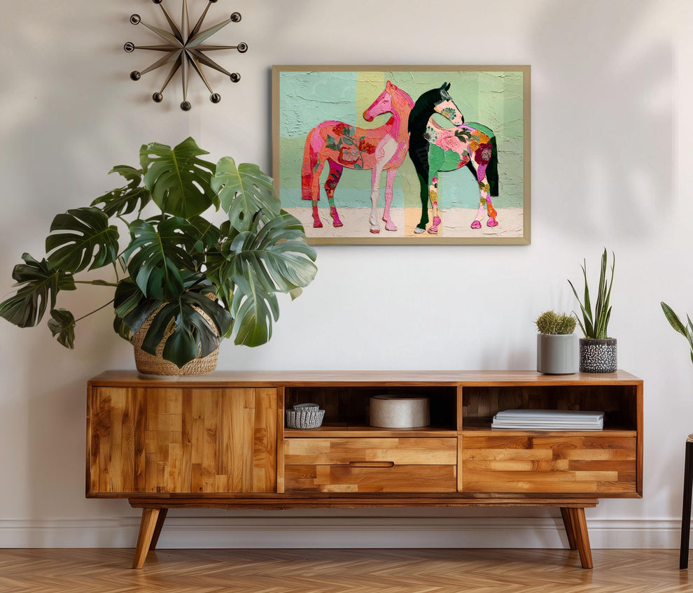 Horizontal Horse Print – Mid Century Horses Pink Green Floral Folk Art Wall Decor