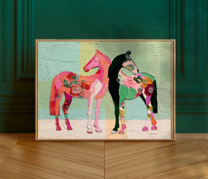 Horizontal Horse Print – Mid Century Horses Pink Green Floral Folk Art Wall Decor
