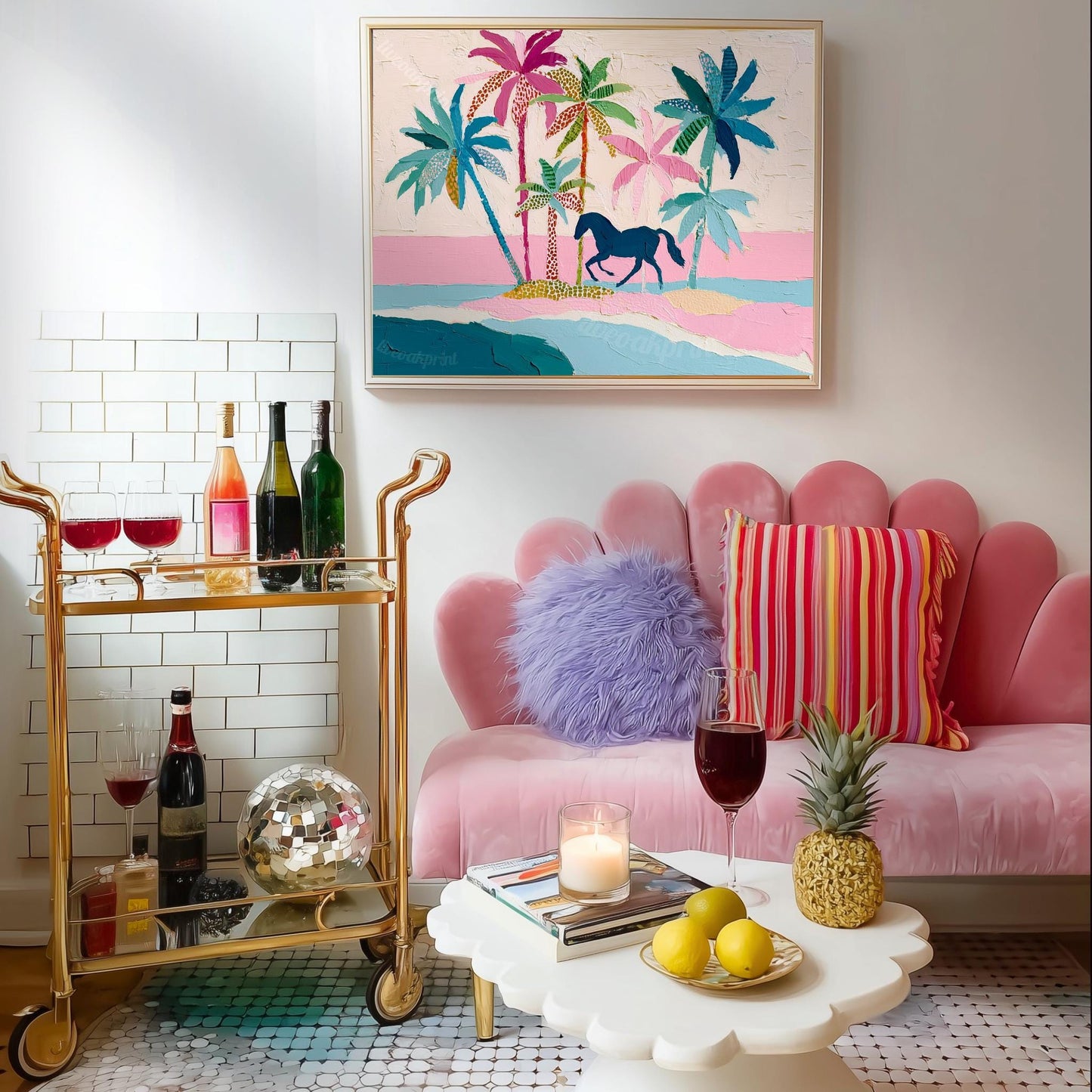 Coastal Cowgirl Horse Print – Tropical Palm Tree Folk Art Wall Decor Framed Canvas