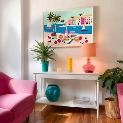 Romantic Riviera Print - Beach Charcuterie Board Wall Art Mediterranean Coastal Decor Framed Canvas