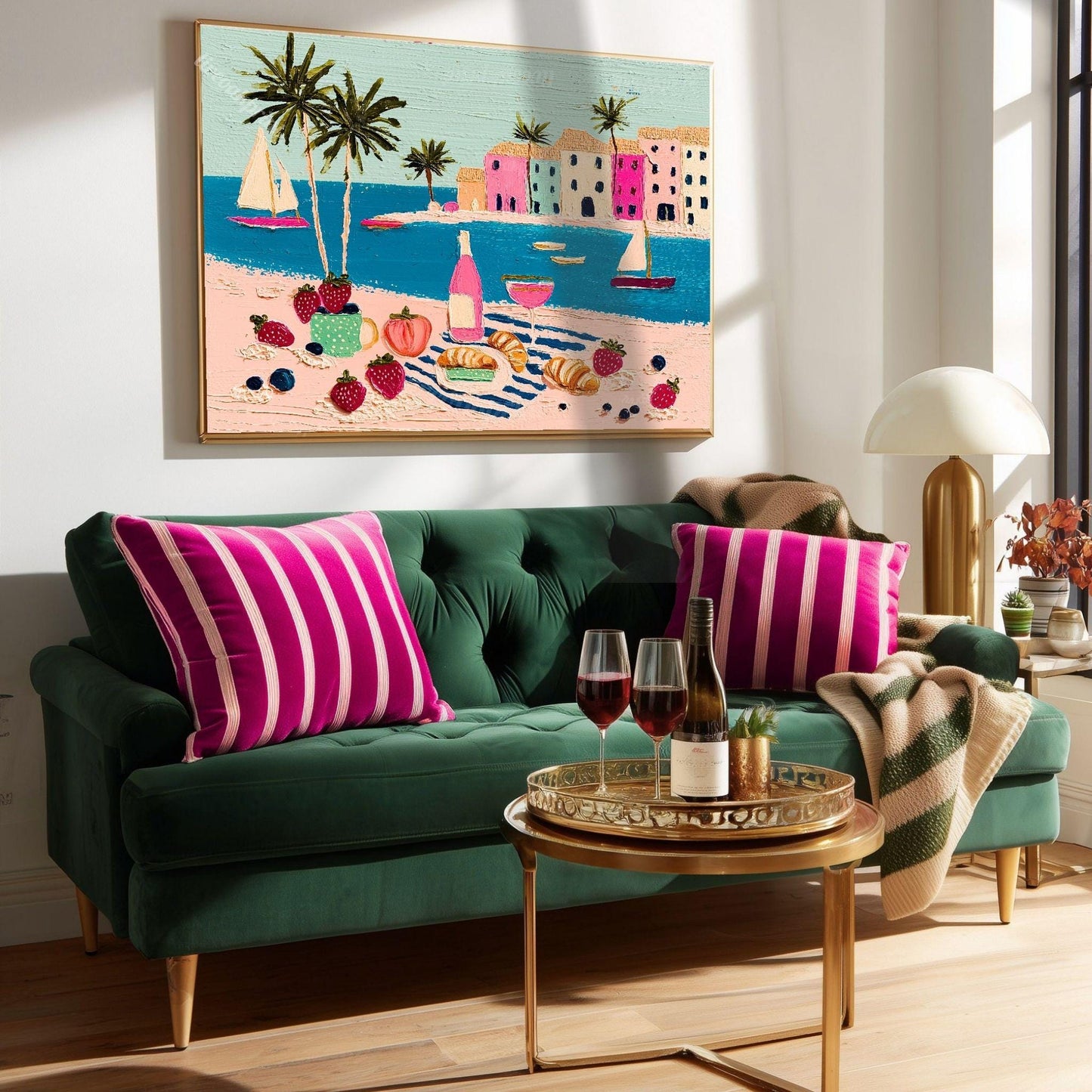 Romantic Riviera Print - Beach Charcuterie Board Wall Art Mediterranean Coastal Decor Framed Canvas