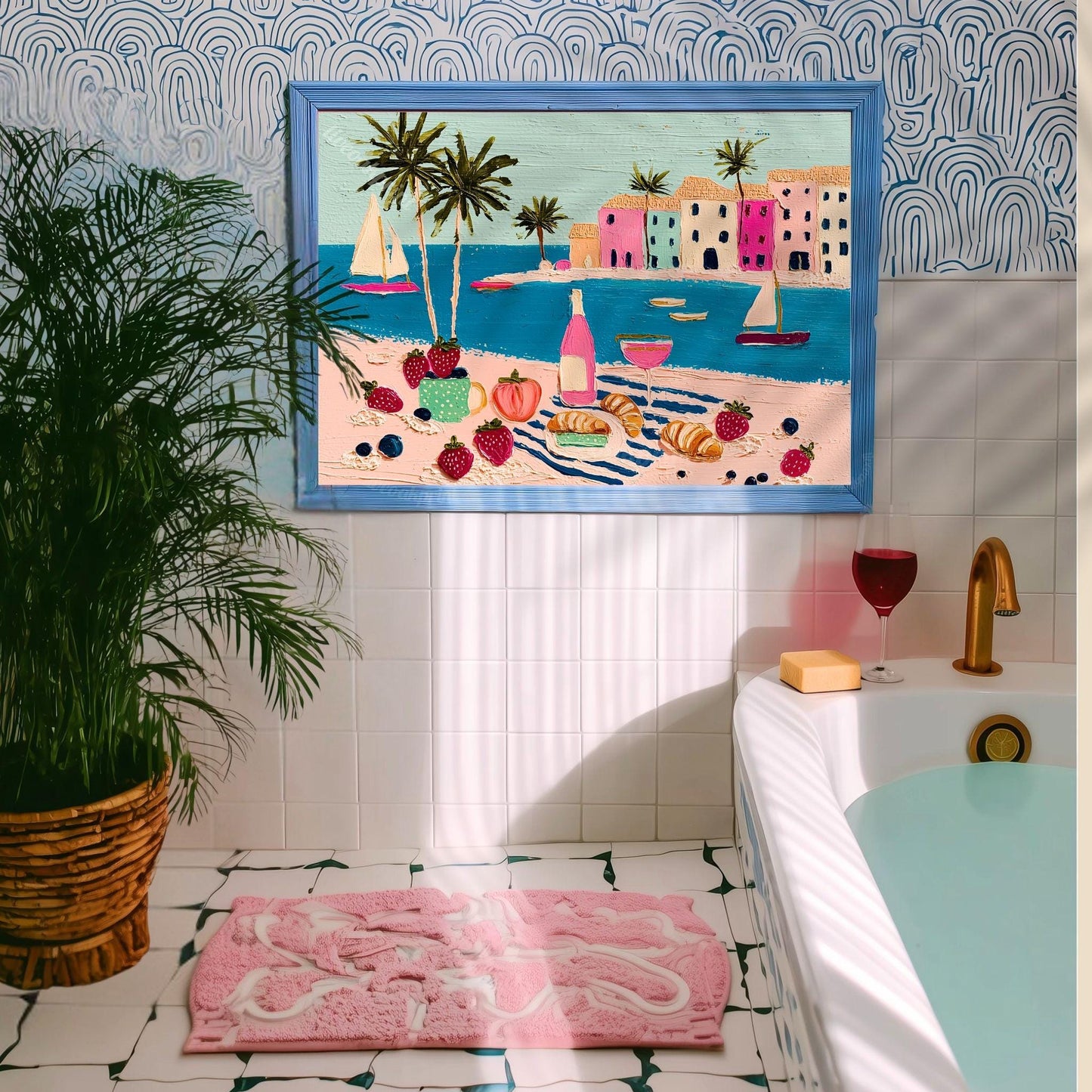 Romantic Riviera Print - Beach Charcuterie Board Wall Art Mediterranean Coastal Decor Framed Canvas