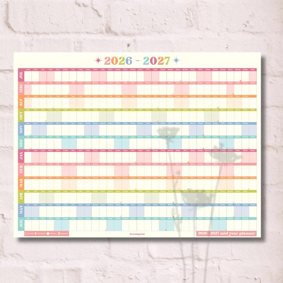 2026 - 2027 Mid Year Wall Planner Calendar – One Page Academic Yearly Wall Calendar Poster, Large Year at a Glance Wall Planner July Start