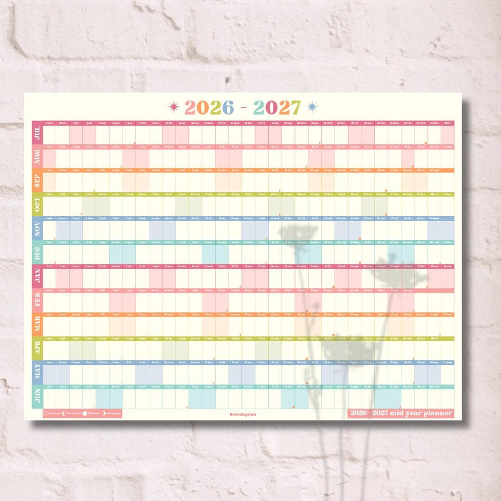 2026 - 2027 Mid Year Wall Planner Calendar – One Page Academic Yearly Wall Calendar Poster, Large Year at a Glance Wall Planner July Start