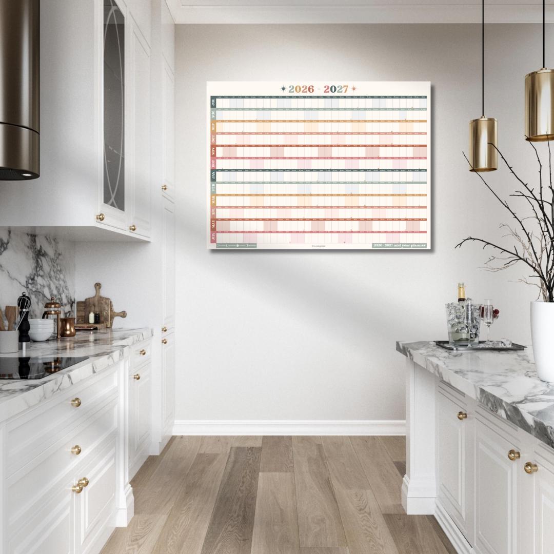 Boho Earth Tones Mid Year Calendar 2025–2026 – Academic Wall Planner – July Start – School Year Calendar – Aesthetic Dorm or Office Decor