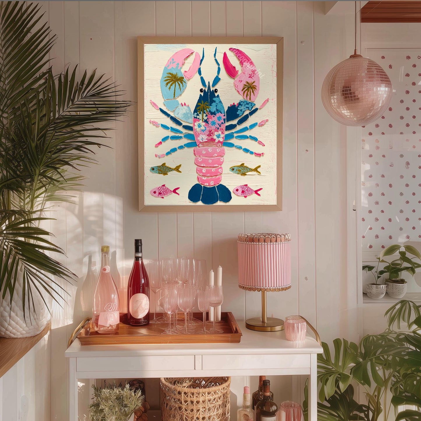 Colorful Lobster Art Print – Pink Floral Preppy Coastal Maximalism Wall Art