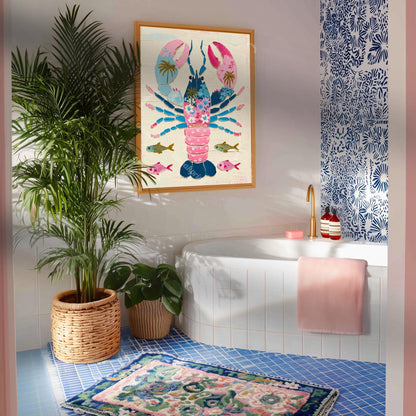 Colorful Lobster Art Print – Pink Floral Preppy Coastal Maximalism Wall Art
