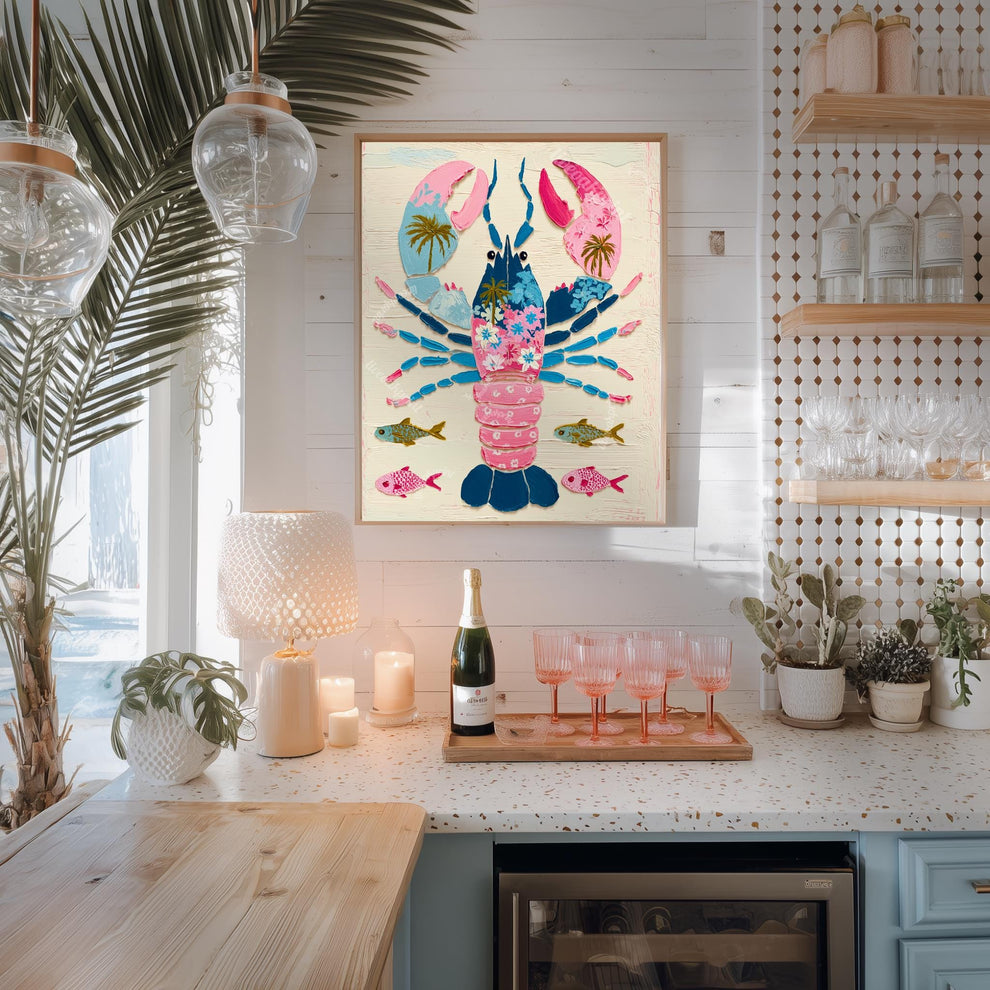 Colorful Lobster Art Print – Pink Floral Preppy Coastal Maximalism Wall Art