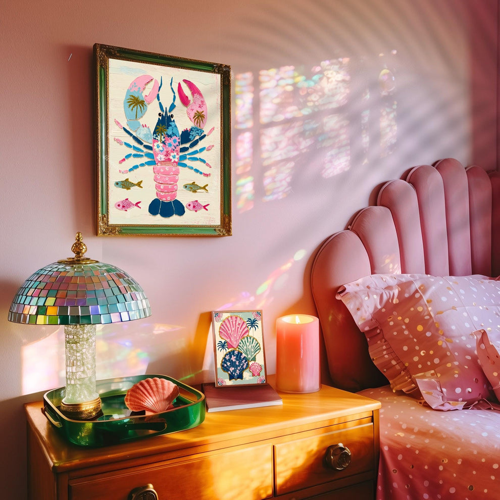 Colorful Lobster Art Print – Pink Floral Preppy Coastal Maximalism Wall Art