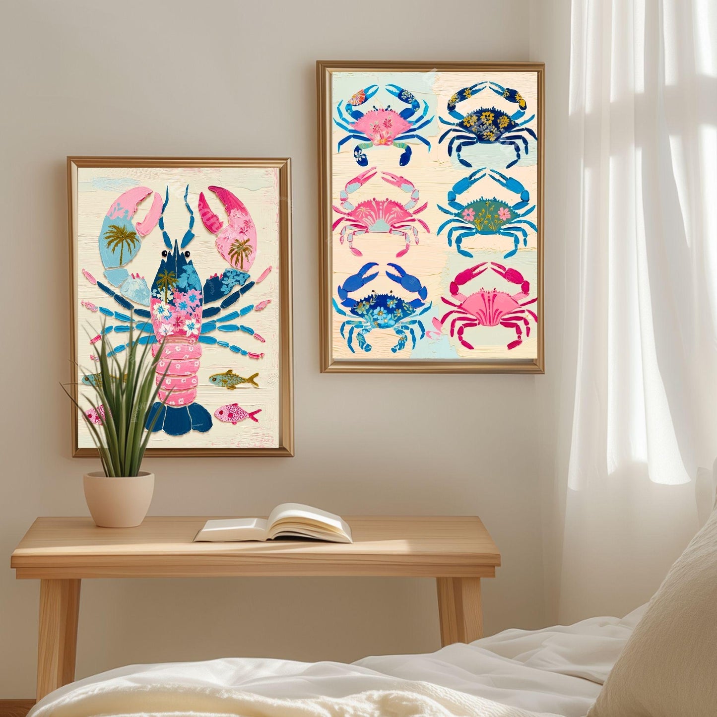 Colorful Lobster Art Print – Pink Floral Preppy Coastal Maximalism Wall Art