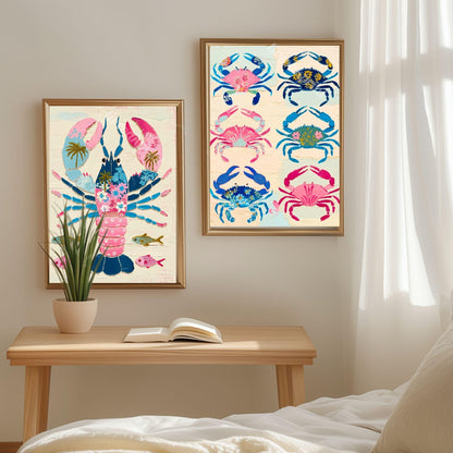 Colorful Lobster Art Print – Pink Floral Preppy Coastal Maximalism Wall Art