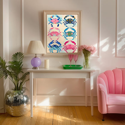 Colorful Crab Art Print – Maximalist Folk Art Coastal Bathroom Decor