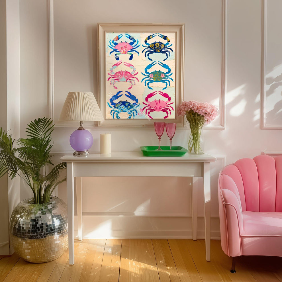 Colorful Crab Art Print – Maximalist Folk Art Coastal Bathroom Decor