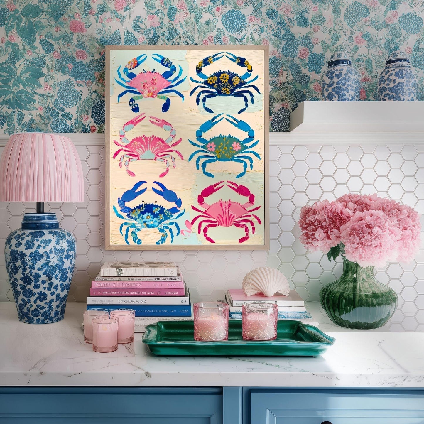 Colorful Crab Art Print – Maximalist Folk Art Coastal Bathroom Decor