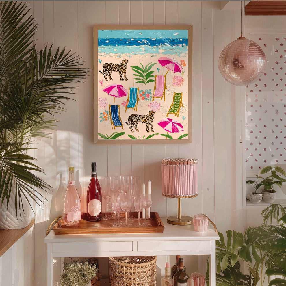 Cheetah Beach Print – Maximalist Coastal Leopard Wall Art, Tropical Eclectic Decor