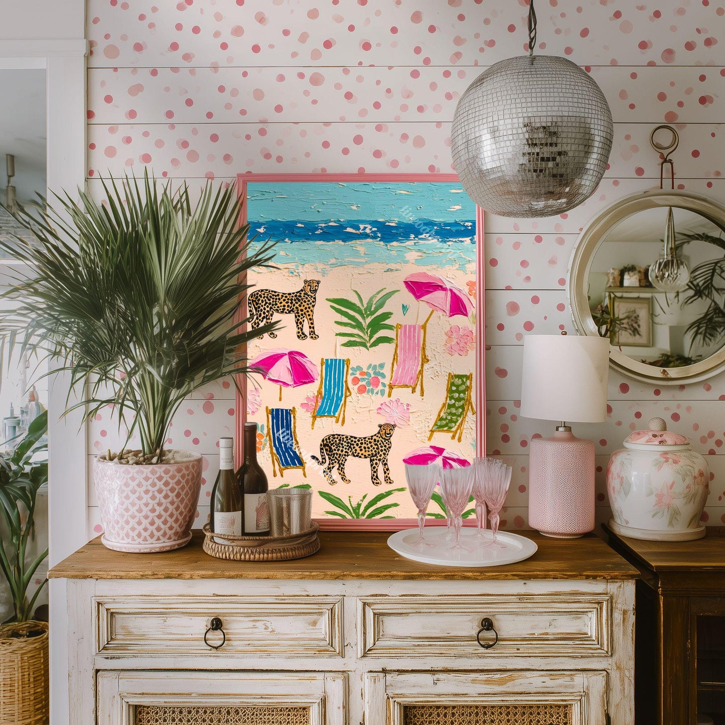 Cheetah Beach Print – Maximalist Coastal Leopard Wall Art, Tropical Eclectic Decor