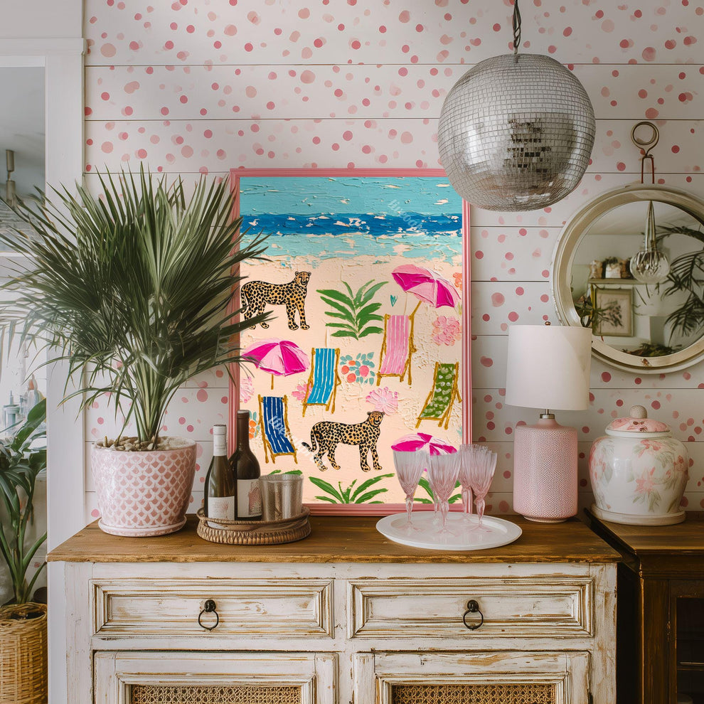 Cheetah Beach Print – Maximalist Coastal Leopard Wall Art, Tropical Eclectic Decor
