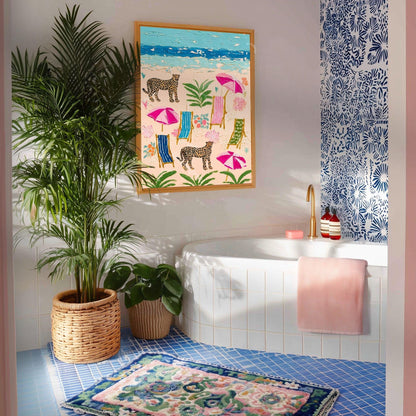 Cheetah Beach Print – Maximalist Coastal Leopard Wall Art, Tropical Eclectic Decor
