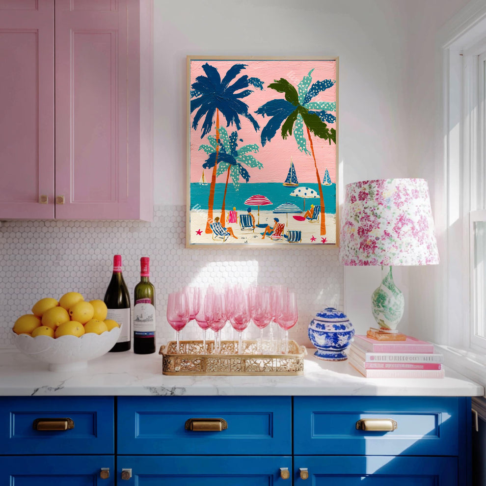 Tropical Beach Print – Retro Palm Tree Wall Art Coastal Decor Pink Sunset Vintage Summer Vacation Nautical Ocean Art