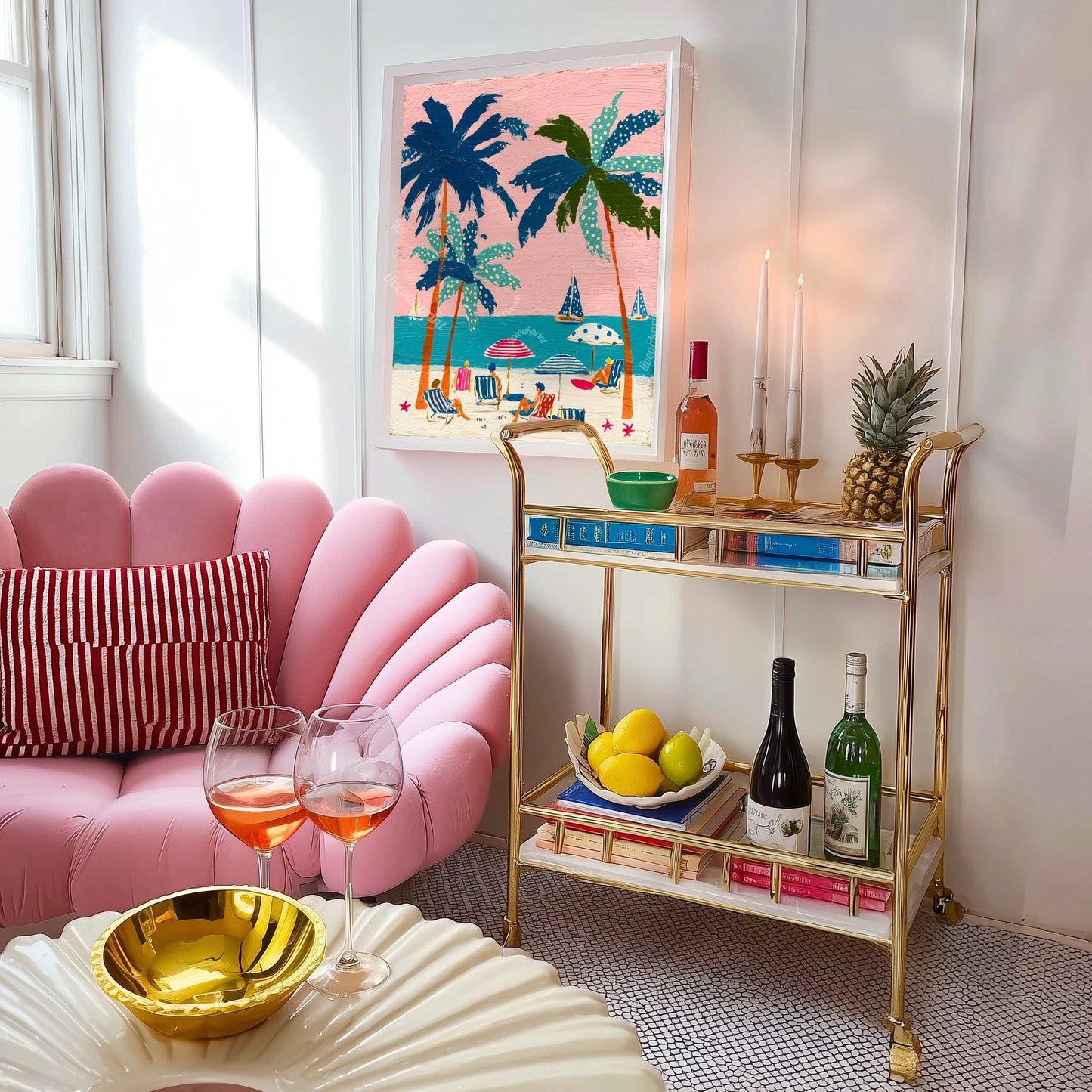 Tropical Beach Print – Retro Palm Tree Wall Art Coastal Decor Pink Sunset Vintage Summer Vacation Nautical Ocean Art