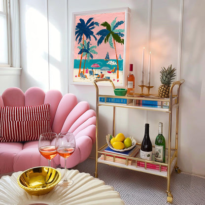 Tropical Beach Print – Retro Palm Tree Wall Art Coastal Decor Pink Sunset Vintage Summer Vacation Nautical Ocean Art