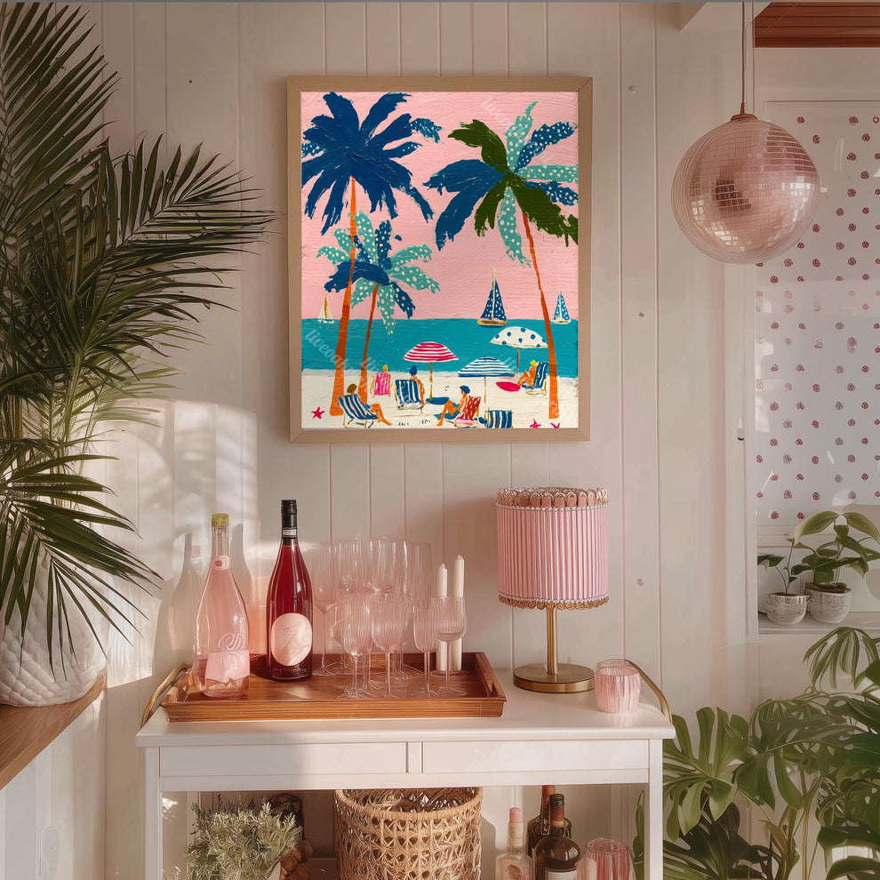 Tropical Beach Print – Retro Palm Tree Wall Art Coastal Decor Pink Sunset Vintage Summer Vacation Nautical Ocean Art