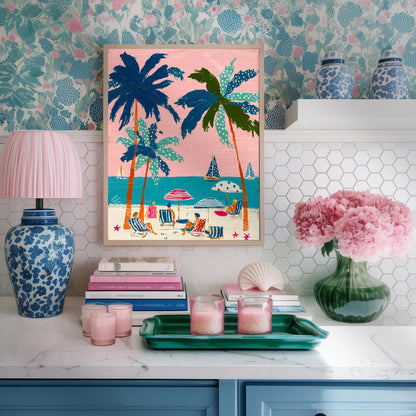 Tropical Beach Print – Retro Palm Tree Wall Art Coastal Decor Pink Sunset Vintage Summer Vacation Nautical Ocean Art