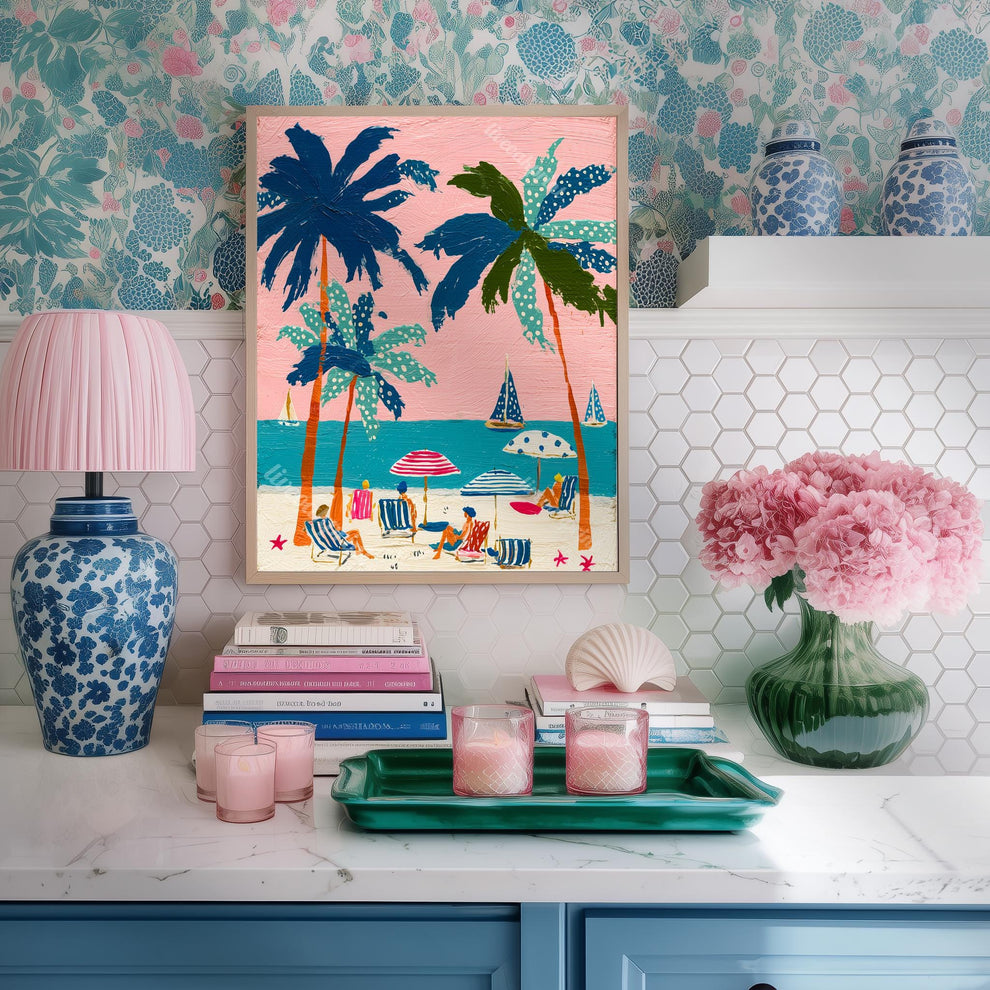 Tropical Beach Print – Retro Palm Tree Wall Art Coastal Decor Pink Sunset Vintage Summer Vacation Nautical Ocean Art