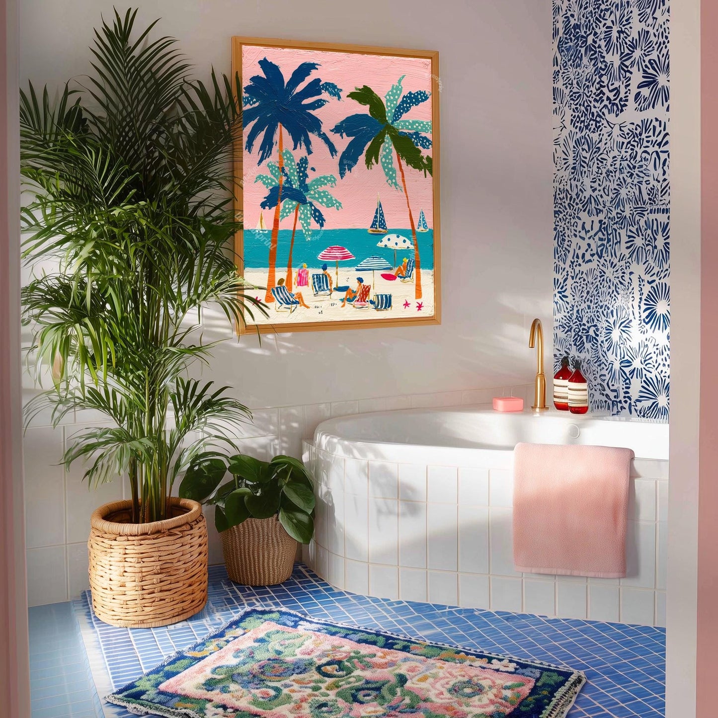 Tropical Beach Print – Retro Palm Tree Wall Art Coastal Decor Pink Sunset Vintage Summer Vacation Nautical Ocean Art