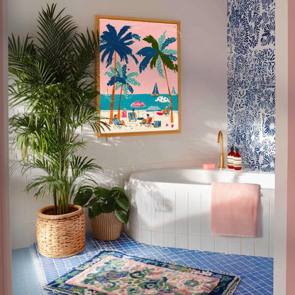 Tropical Beach Print – Retro Palm Tree Wall Art Coastal Decor Pink Sunset Vintage Summer Vacation Nautical Ocean Art