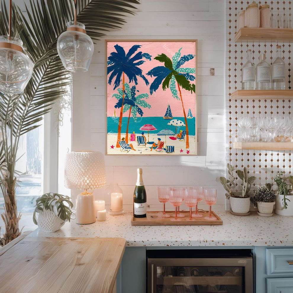 Tropical Beach Print – Retro Palm Tree Wall Art Coastal Decor Pink Sunset Vintage Summer Vacation Nautical Ocean Art