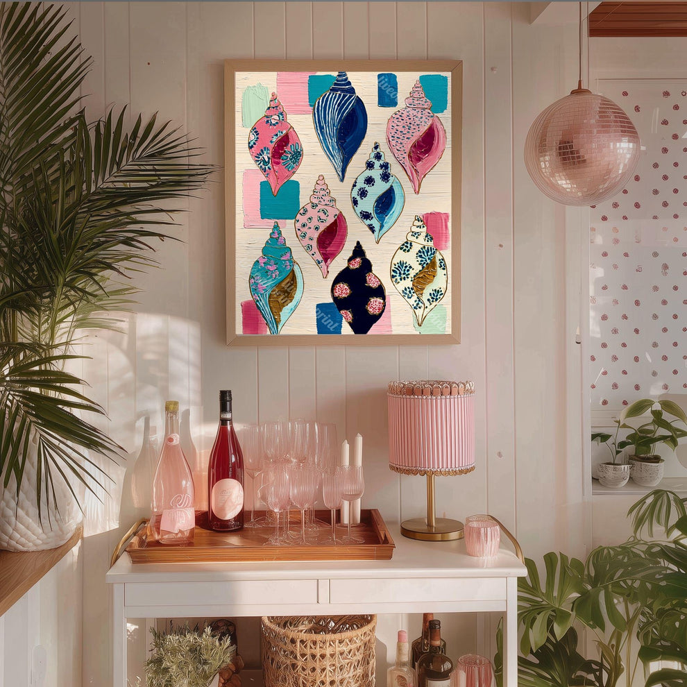 Seashell Art Print – Coastal Folk Art Collection, Preppy Beach House Decor