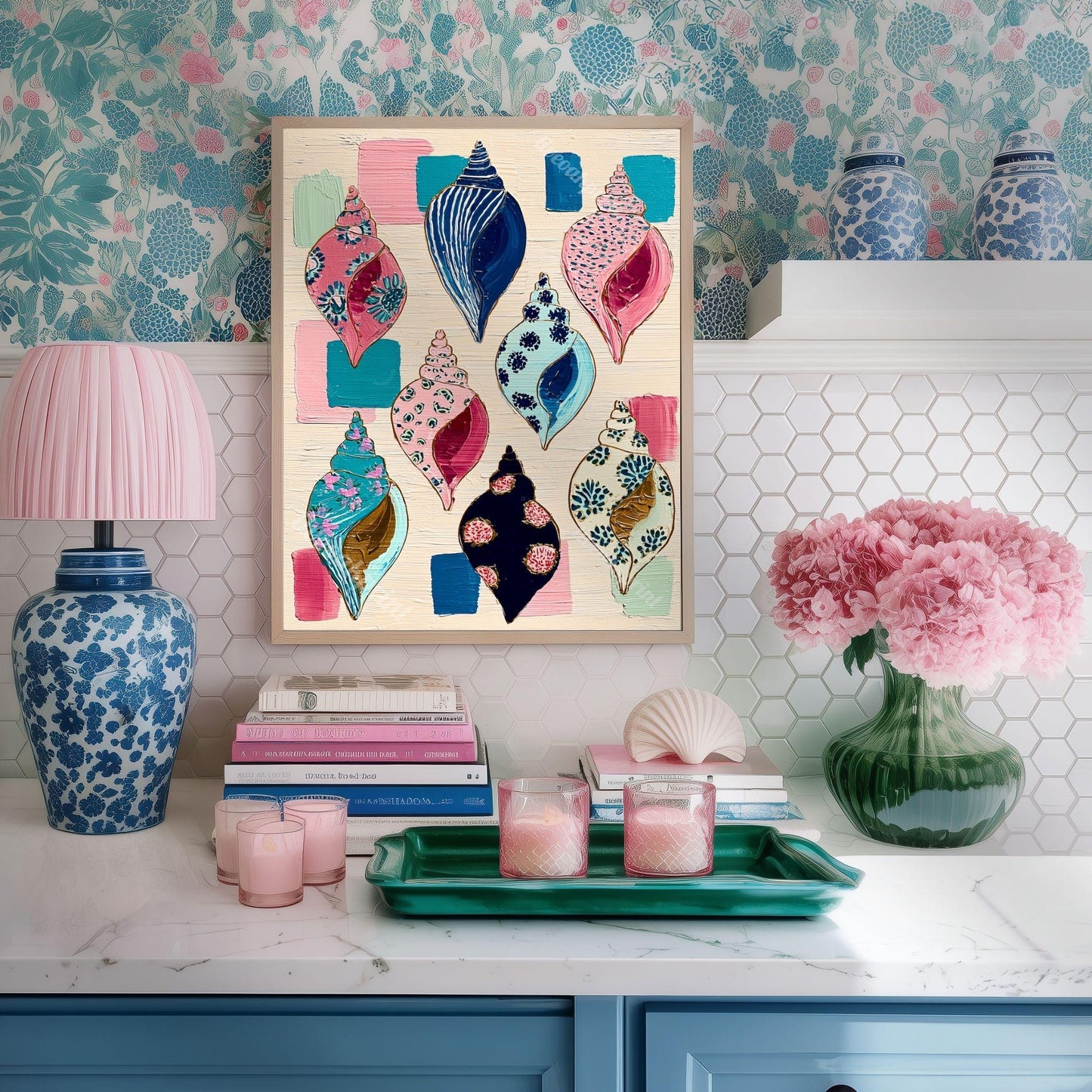 Seashell Art Print – Coastal Folk Art Collection, Preppy Beach House Decor