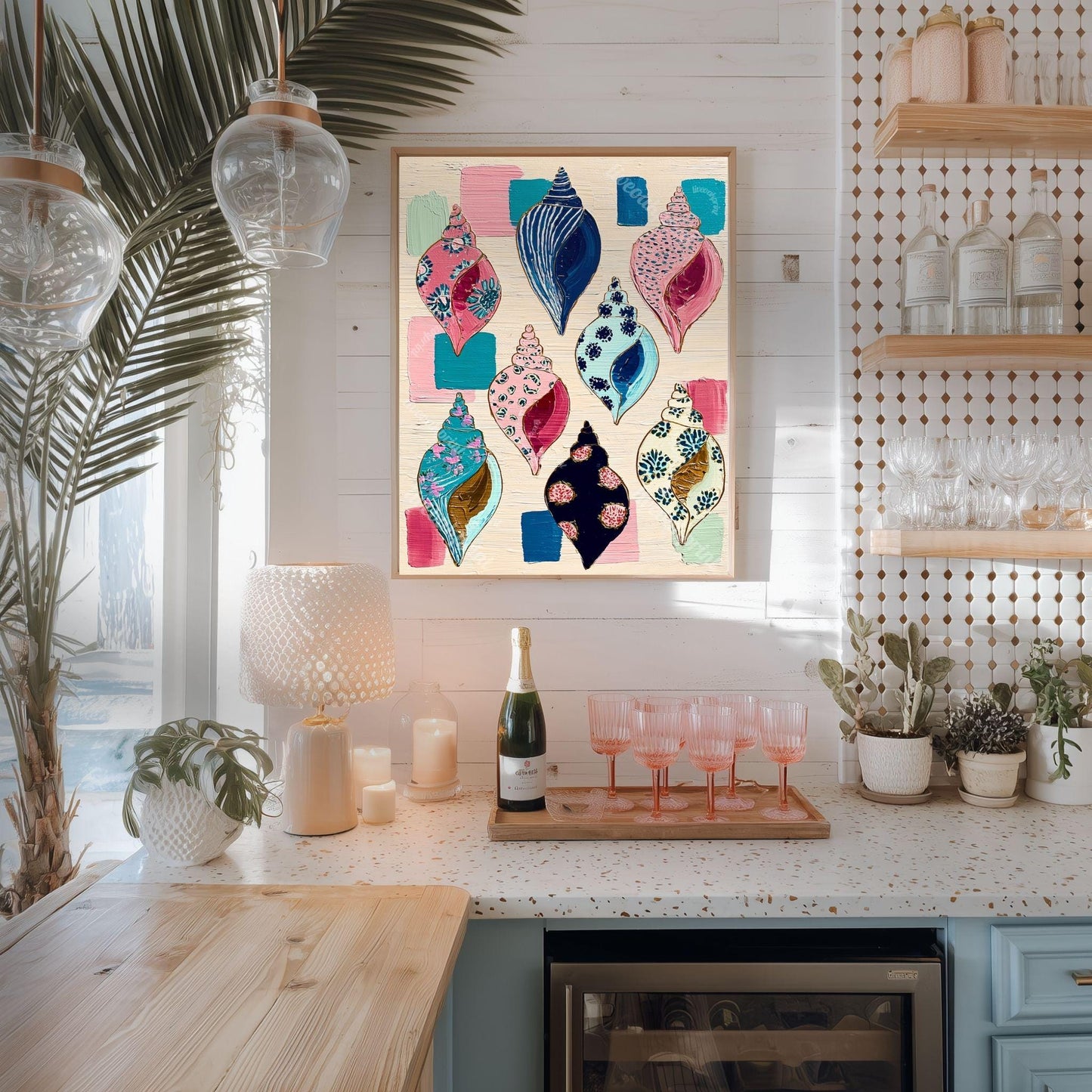 Seashell Art Print – Coastal Folk Art Collection, Preppy Beach House Decor