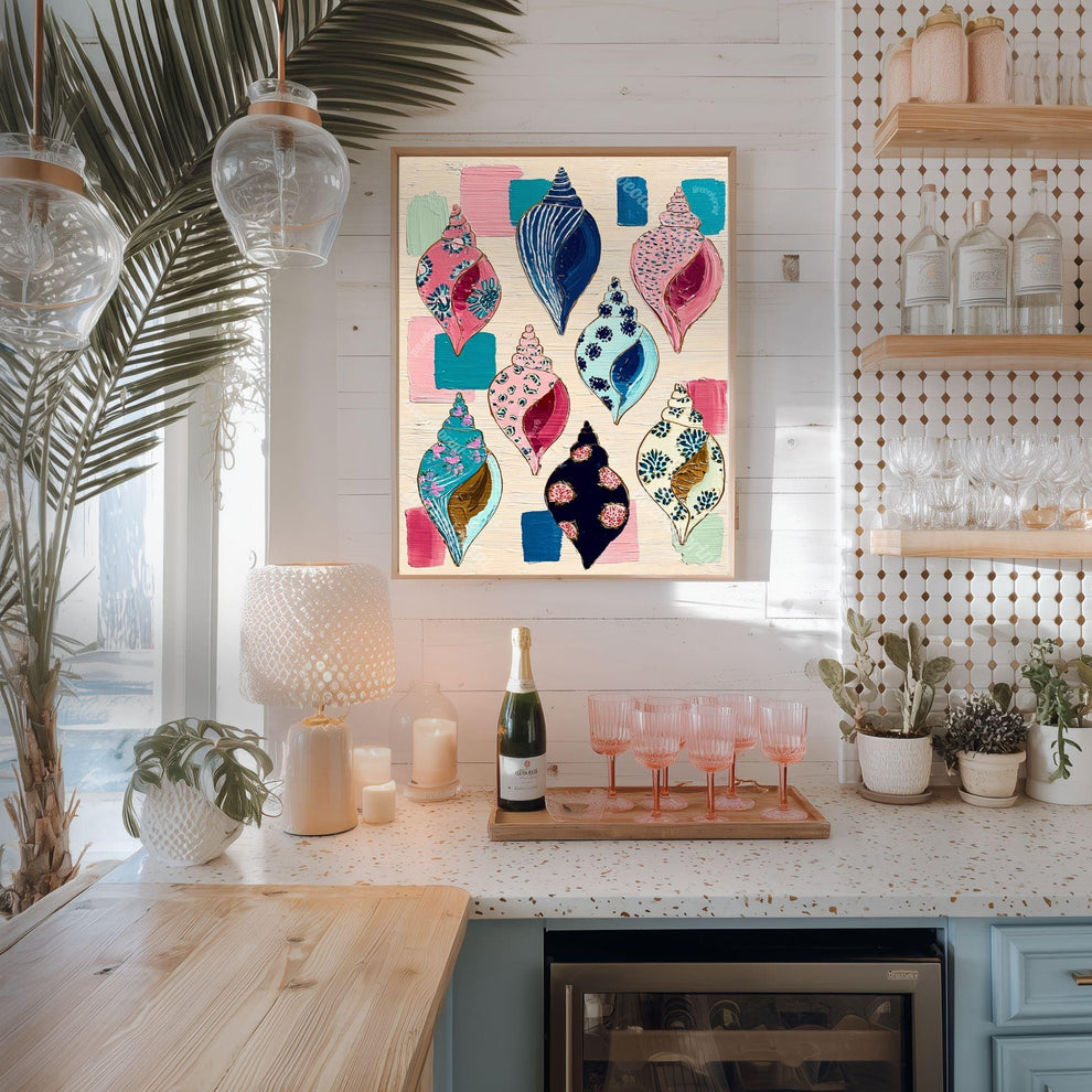 Seashell Art Print – Coastal Folk Art Collection, Preppy Beach House Decor