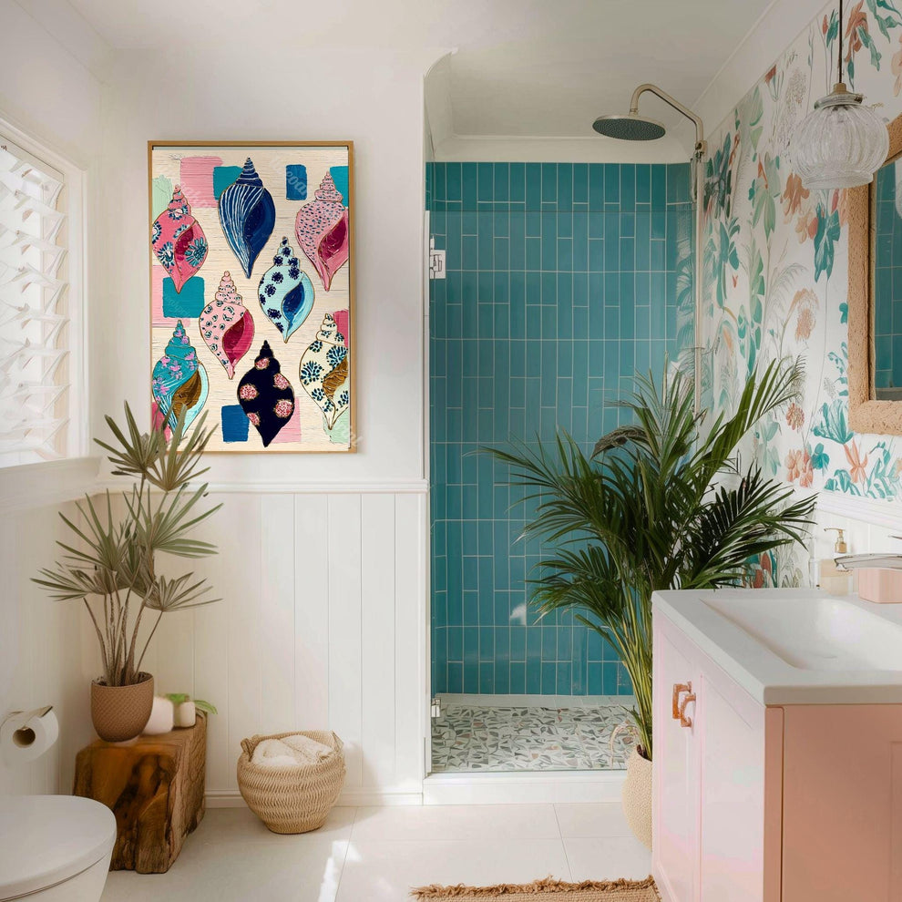 Seashell Art Print – Coastal Folk Art Collection, Preppy Beach House Decor