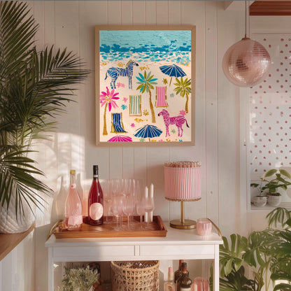 Playful Zebras Beach Print – Whimsical Tropical Folk Art Coastal Decor