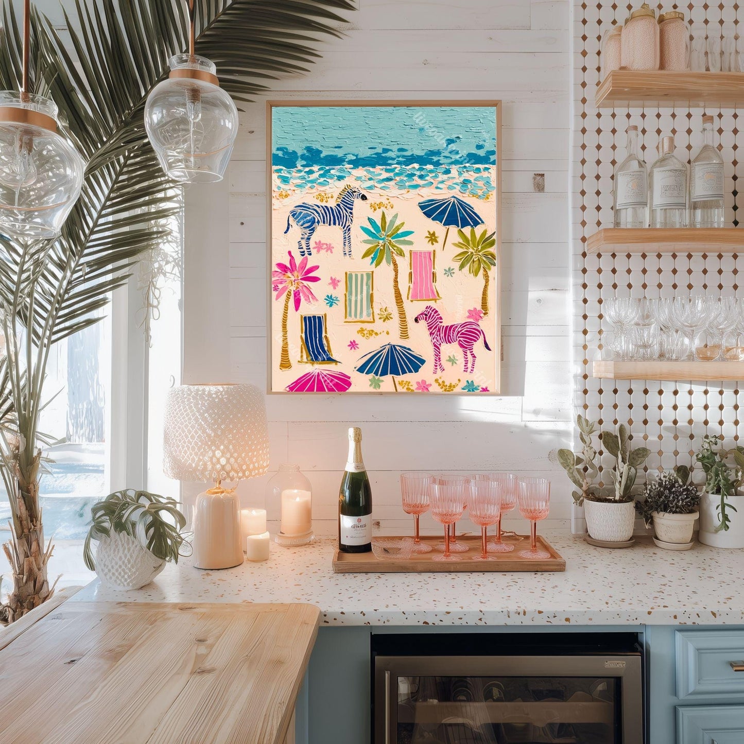 Playful Zebras Beach Print – Whimsical Tropical Folk Art Coastal Decor