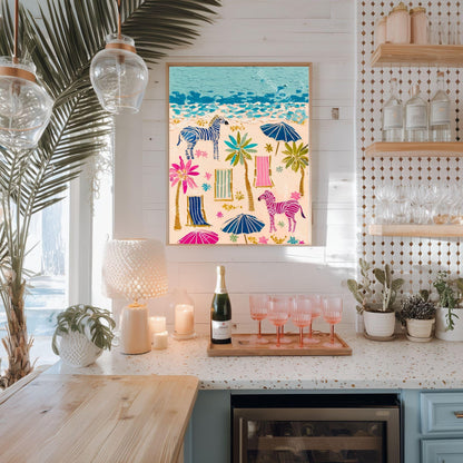 Playful Zebras Beach Print – Whimsical Tropical Folk Art Coastal Decor