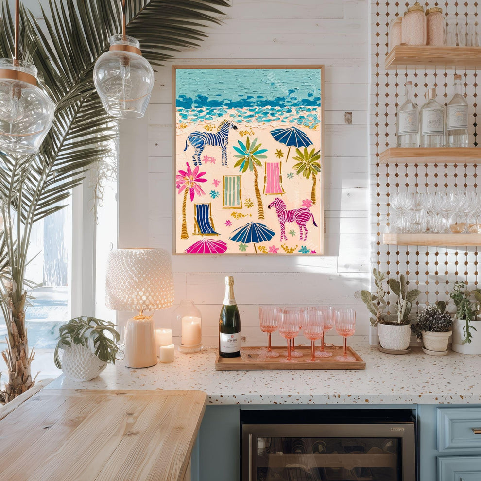 Playful Zebras Beach Print – Whimsical Tropical Folk Art Coastal Decor