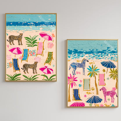 Zebra Cheetah Beach Prints Set of Two - Whimsical Coastal Beach House Maximalist