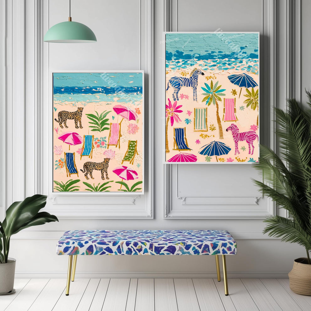 Zebra Cheetah Beach Prints Set of Two - Whimsical Coastal Beach House Maximalist