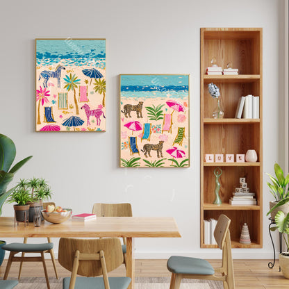 Zebra Cheetah Beach Prints Set of Two - Whimsical Coastal Beach House Maximalist