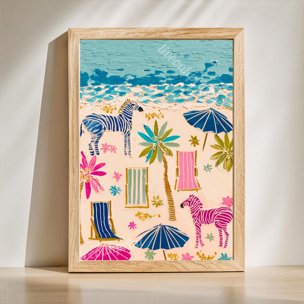 Zebra Cheetah Beach Prints Set of Two - Whimsical Coastal Beach House Maximalist