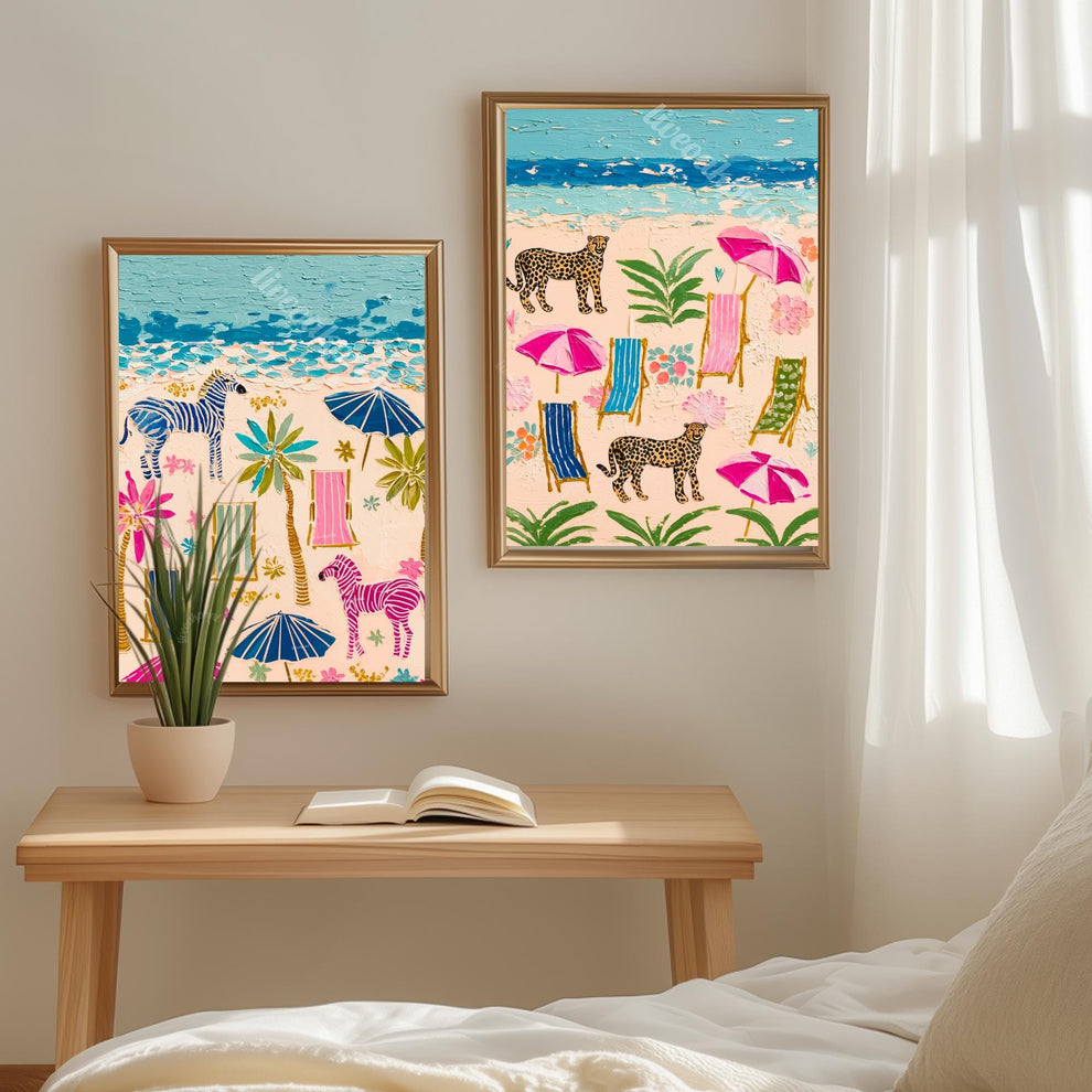 Zebra Cheetah Beach Prints Set of Two - Whimsical Coastal Beach House Maximalist