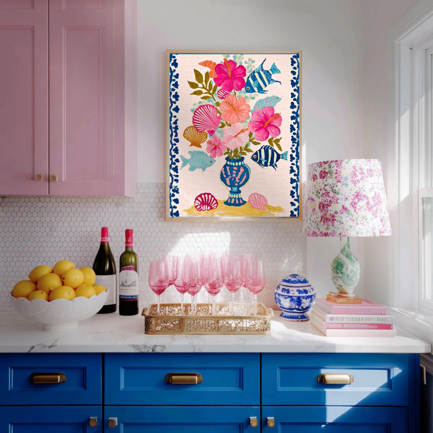 Beachy Bouquet Art Print - Tropical Hibiscus Wall Art Beach House Decor
