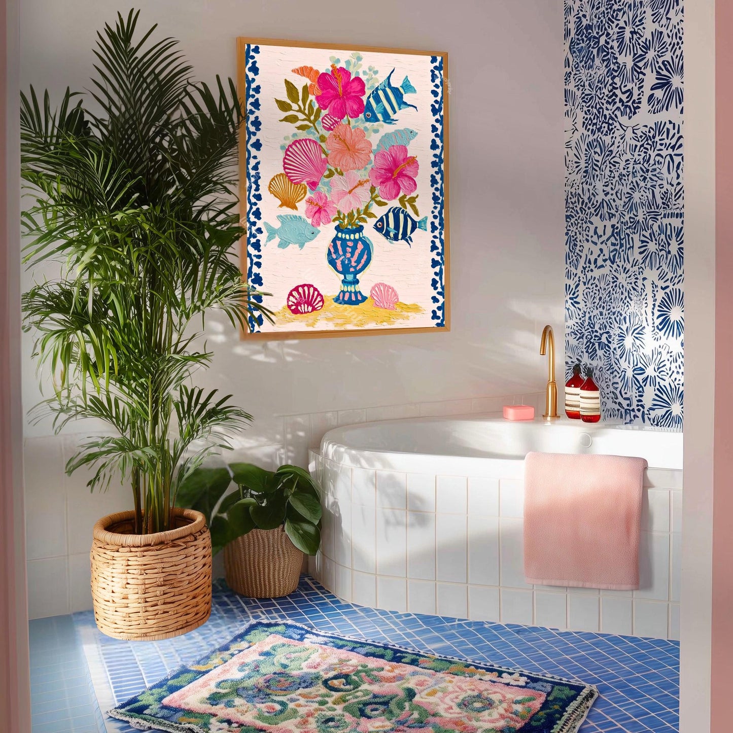 Beachy Bouquet Art Print - Tropical Hibiscus Wall Art Beach House Decor