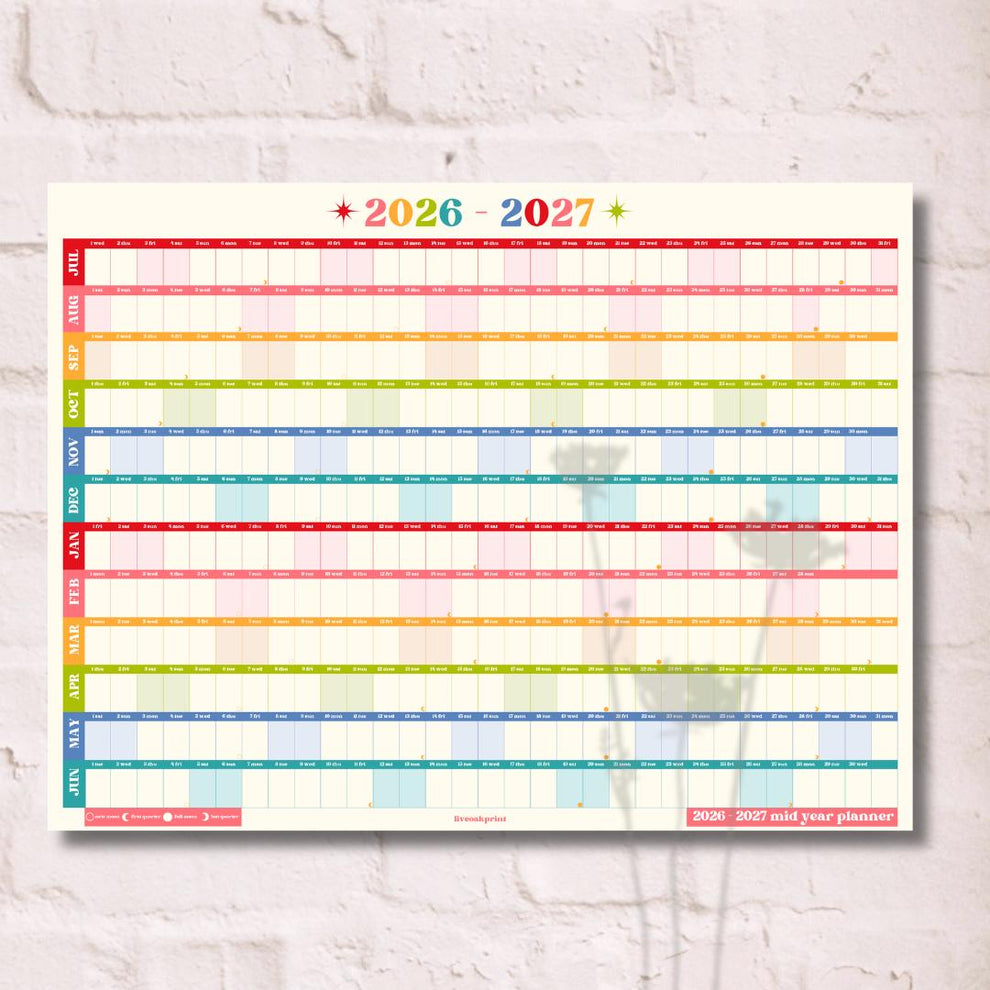 2026 - 2027 Mid Year Wall Planner Calendar – One Page Academic Yearly Wall Calendar Poster, Large Year at a Glance Wall Planner July Start